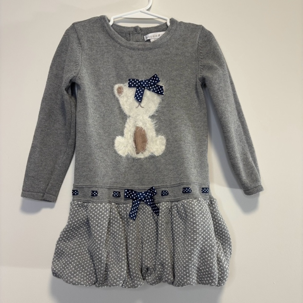 Maggie & Zoe Fuzzy Bear Long Sleeve Gray Knit Sweater Dress Bow Cotton Girl 4T